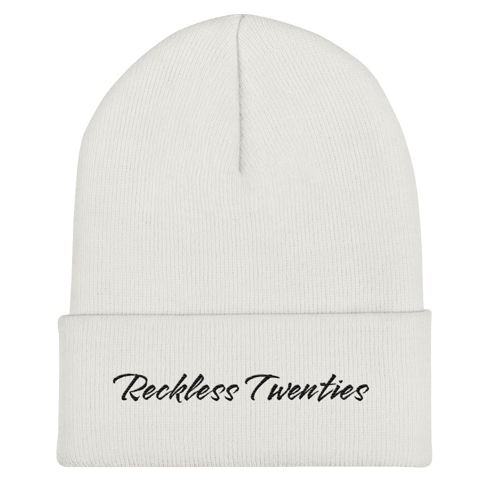 Premium Reckless Twenties Embroidered White Cuffed Beanie
