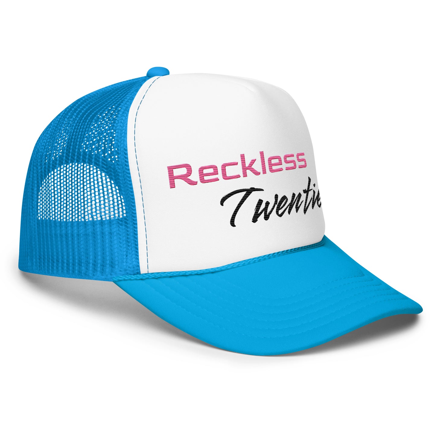Pink Reckless Twenties Foam Light Blue Trucker Hat Black