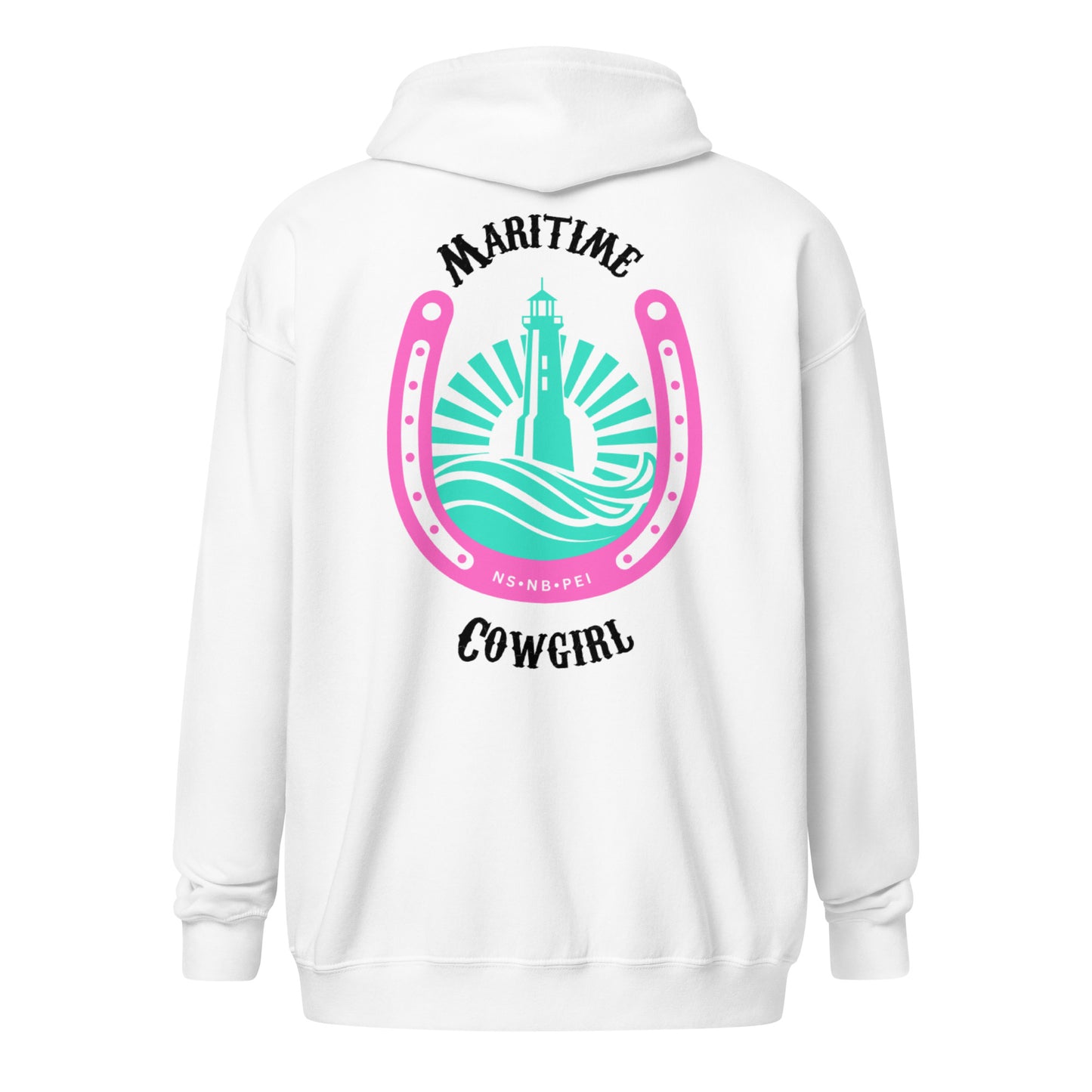 Maritime Cowgirl Women's White Zip Up Hoodie Pink Horse Shoe